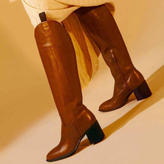 Brown Calf Leather Knee-High Boots – Women’s Block Heel Riding Boots