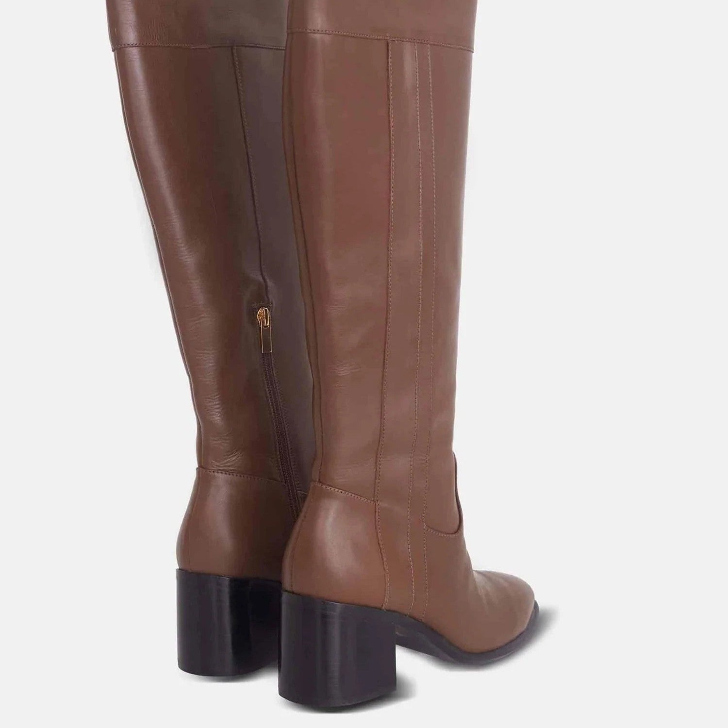 Brown Calf Leather Knee-High Boots – Women’s Block Heel Riding Boots