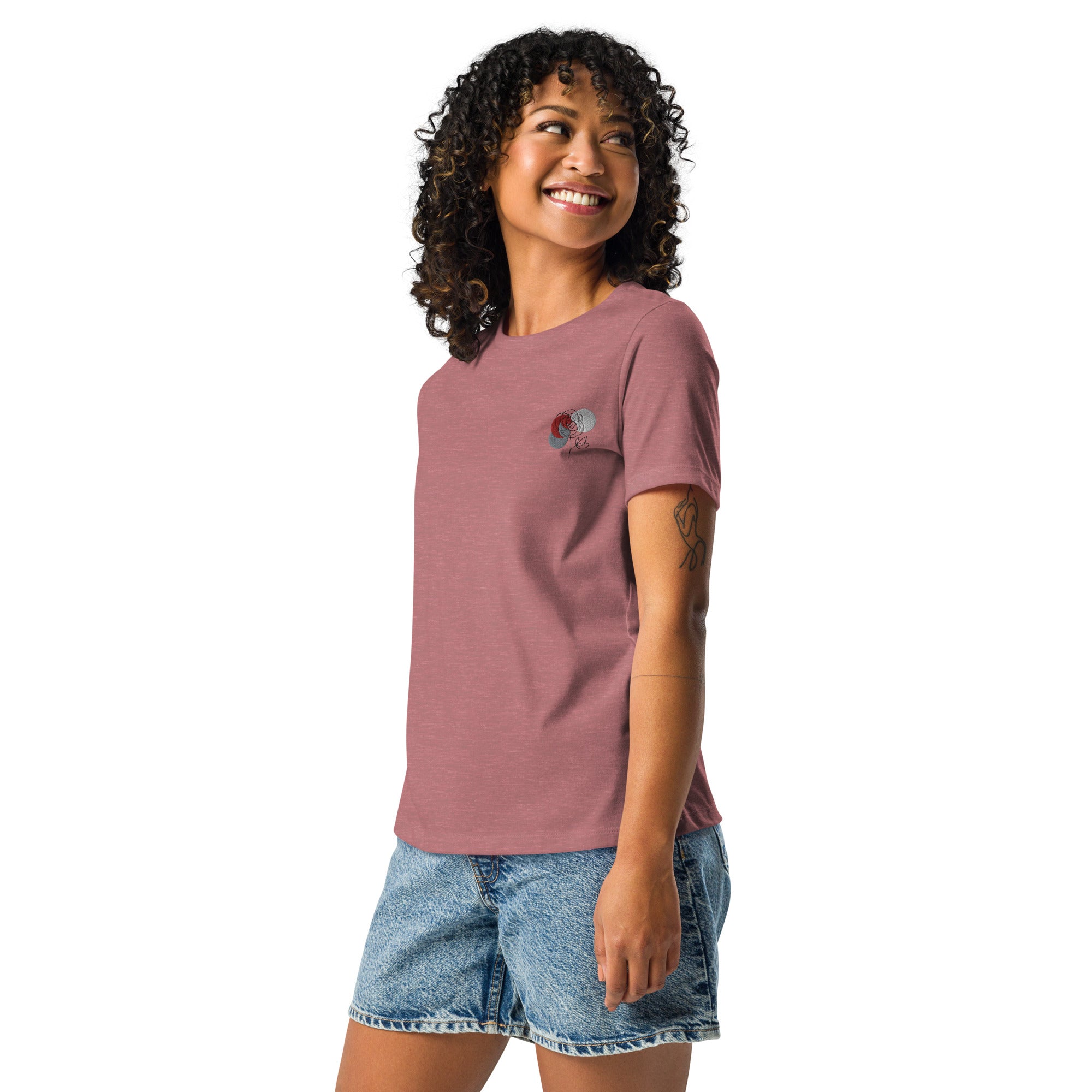 Flower minimalistic design, embroidery. Women's Relaxed T-Shirt