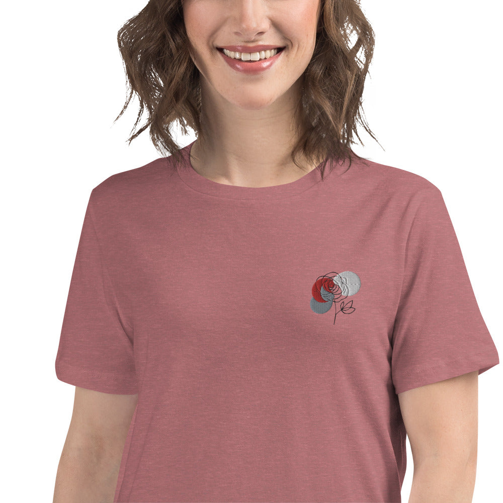 Flower minimalistic design, embroidery. Women's Relaxed T-Shirt