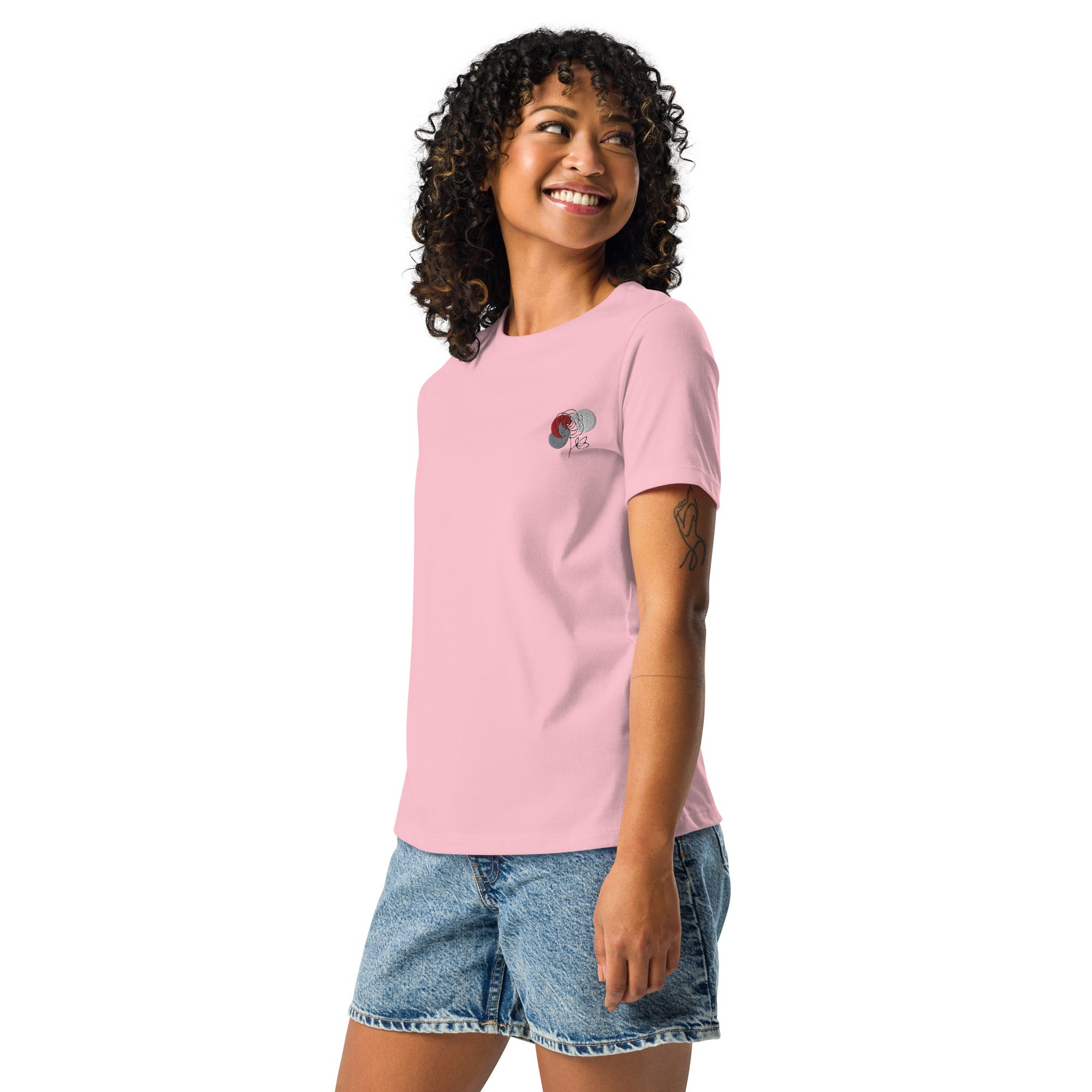 Flower minimalistic design, embroidery. Women's Relaxed T-Shirt
