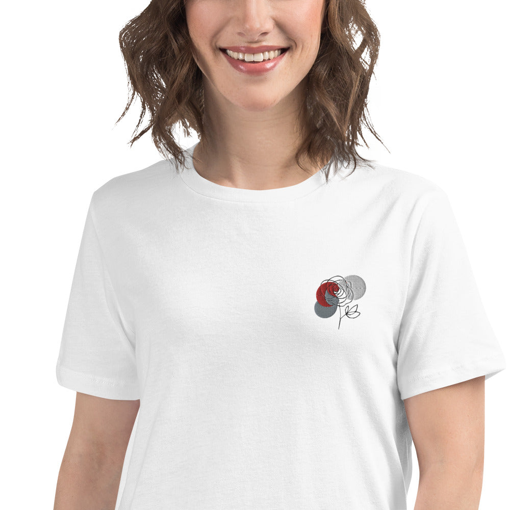 Flower minimalistic design, embroidery. Women's Relaxed T-Shirt